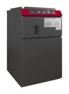 Chauffage électrique industriel noir avec panneau de commande rouge, conçu pour chauffer efficacement les grands espaces intérieurs.