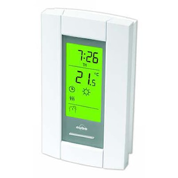Thermostat mural numérique blanc avec écran vert affichant l’heure, la température intérieure et des icônes de chauffage programmables.