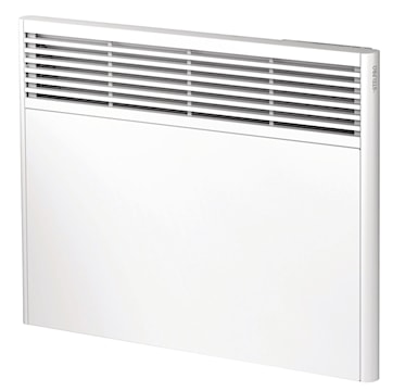 Radiateur électrique mural blanc avec façade lisse et grille de ventilation supérieure pour chauffage résidentiel.
