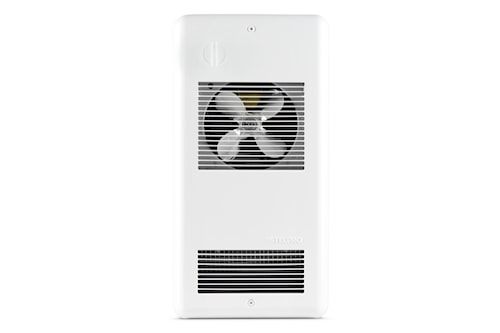 Appareil de chauffage électrique mural blanc avec ventilateur central et grilles d’aération, conçu pour chauffer efficacement sûrement.