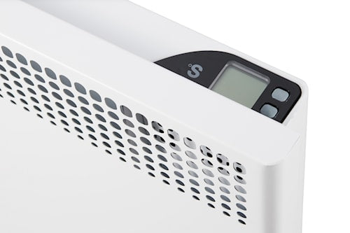 Close-up of white electric heater with digital control panel