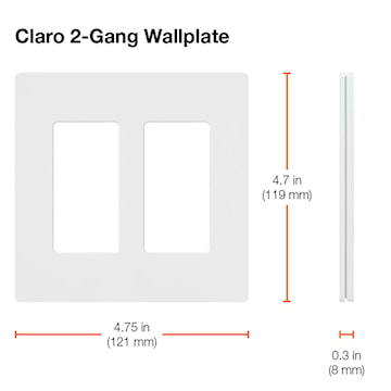 Schéma d’une plaque murale Claro à deux ouvertures avec ses dimensions détaillées en pouces et millimètres pour installation électrique.
