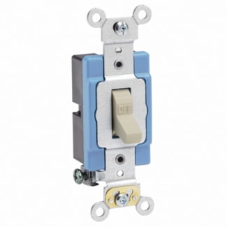 Interrupteur électrique à bascule avec support métallique et boîtier bleu, conçu pour une installation résidentielle durable et sécurisée.