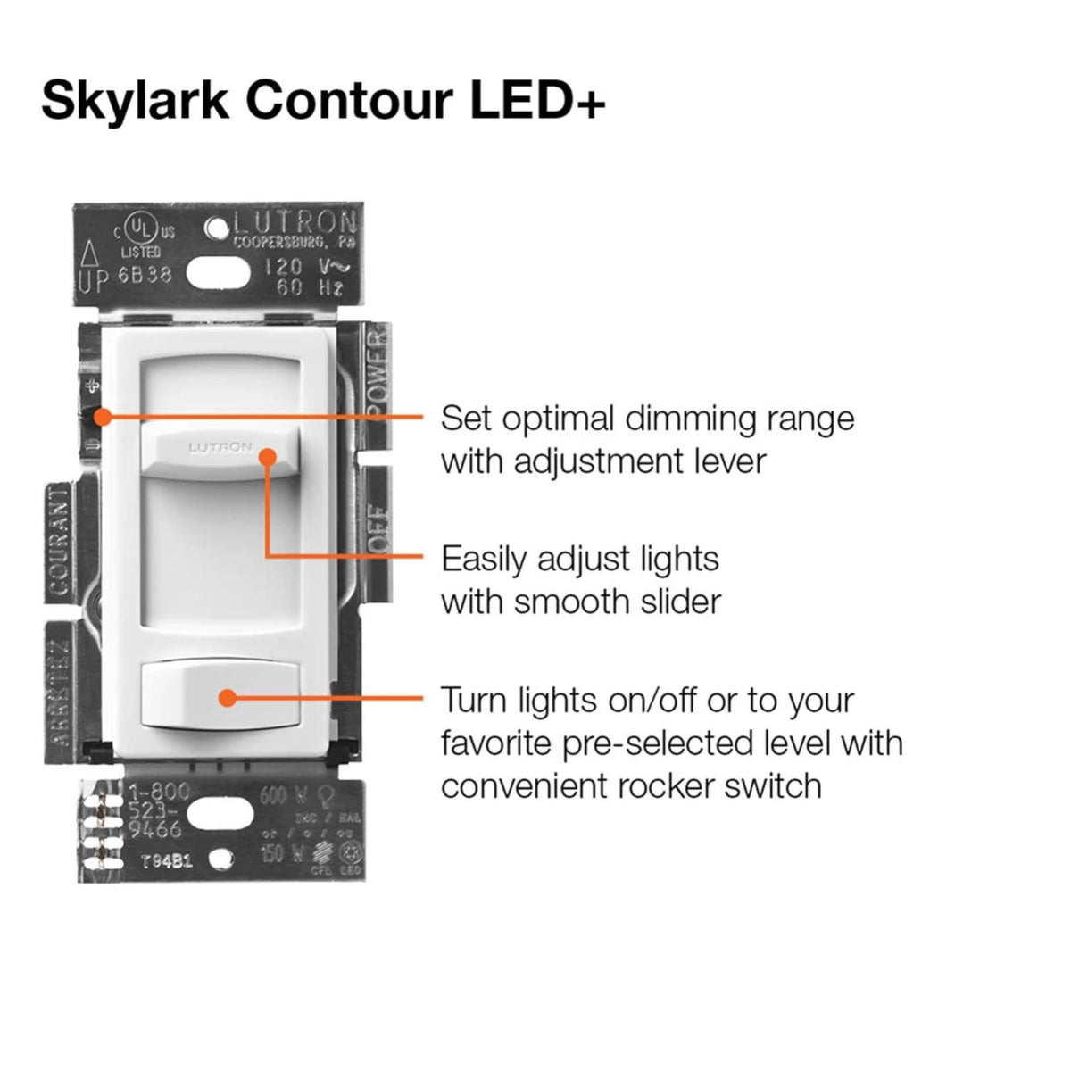 Skylark Single Pole/3 Way 120V Dimmer Switch, Compatible with 150W CFL/LED or 600W Halogen/Incandescent Lamps - White