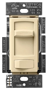 Gradateur mural beige de la marque Lutron avec commande à glissière et interrupteur intégré, conçu pour contrôler l’intensité lumineuse.