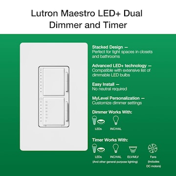 LUTRON MACL-L3T251-WH MAESTRO LED+ DIMMER AND TIMER COMBINATION