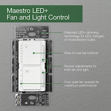 LUTRON MACL-LFQ-WH LUTRON - MACL-LFQ-WH - 75W 1.5AMP 1-POLE MAESTRO CL FAN/LIGHT CONTROL, White.