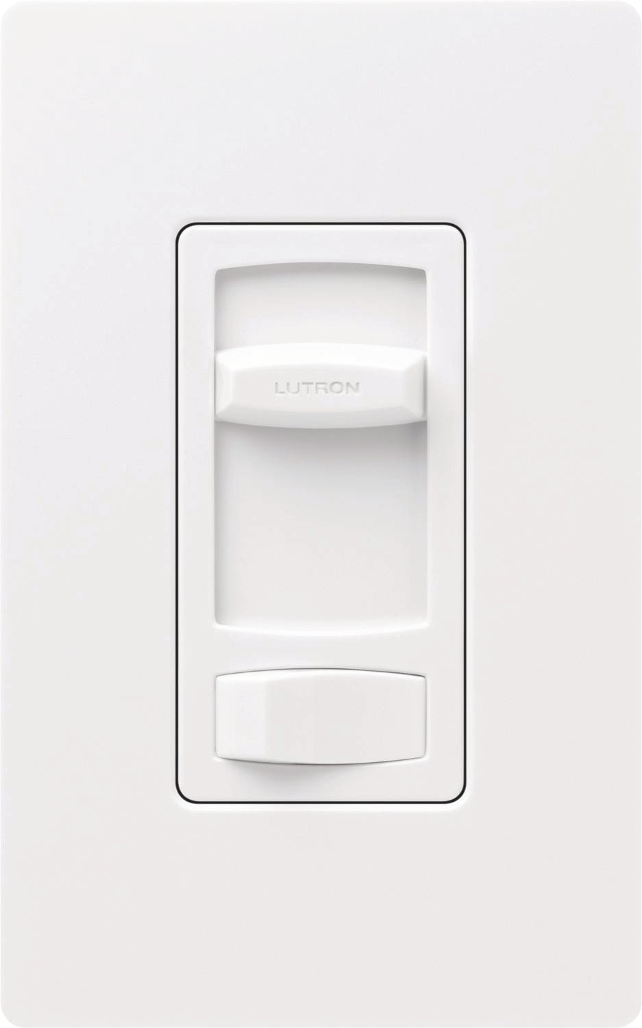 Gradateur mural blanc de la marque Lutron avec commande à glissière centrale et interrupteur intégré, conçu pour ajuster l’intensité lumineuse.