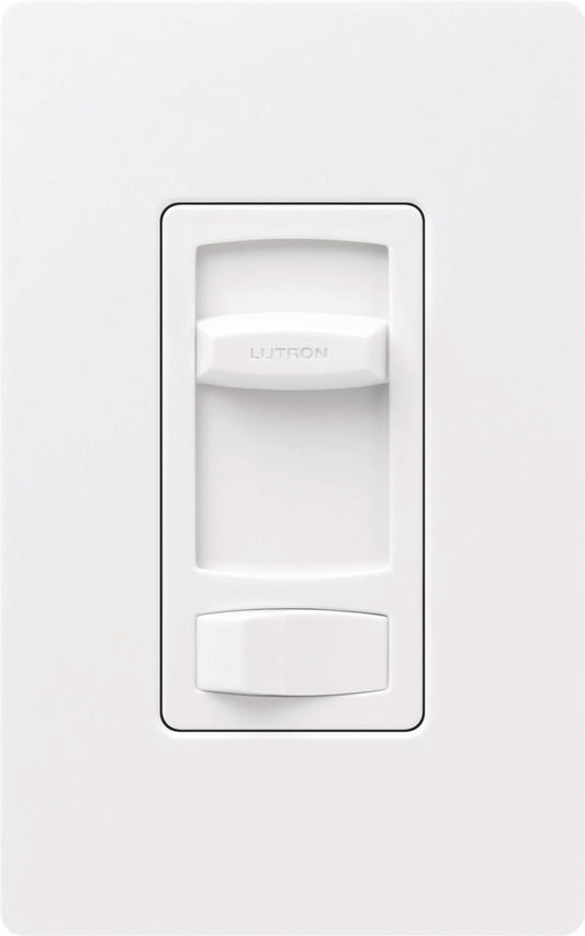 Gradateur mural blanc de la marque Lutron avec commande à glissière centrale et interrupteur intégré, conçu pour ajuster l’intensité lumineuse.