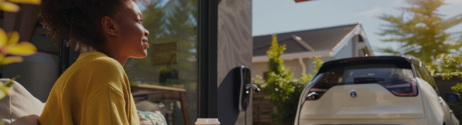 Femme souriante profitant du soleil sur une terrasse, une tasse à la main, avec une voiture électrique en charge devant une maison moderne.